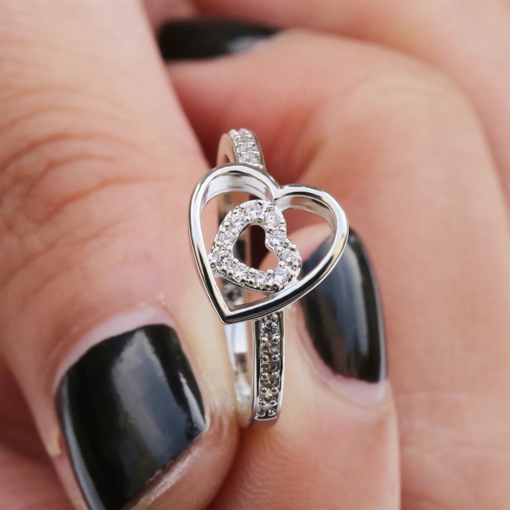 New 925 Silver Lovely Double Hearts Diamond Ring